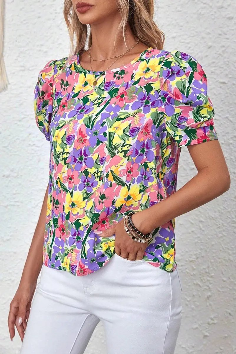 Purple Floral Print Puff Short Sleeve Crew Neck Blouse - Love Salve